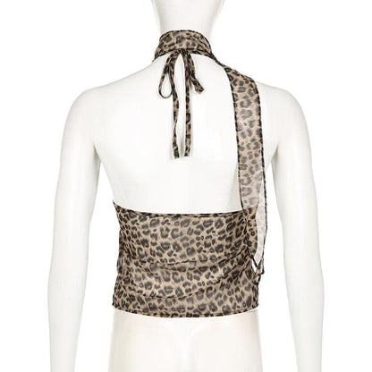 Halter leopard print ruffle chiffon top