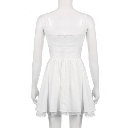 Zip-up lace hem ruched square neck backless solid mini dress