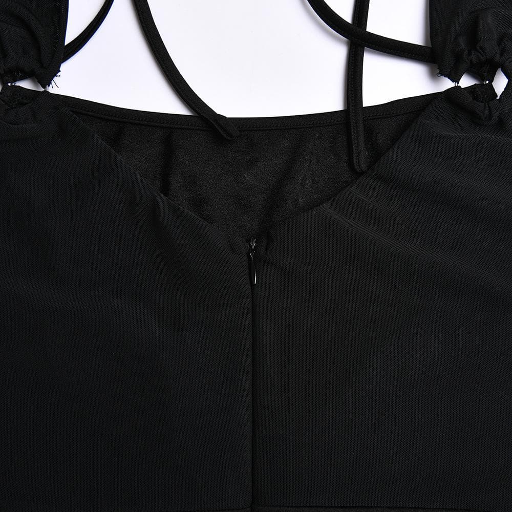 Gloves mesh corset off shoulder hollow out long sleeve halter cut out mini dress