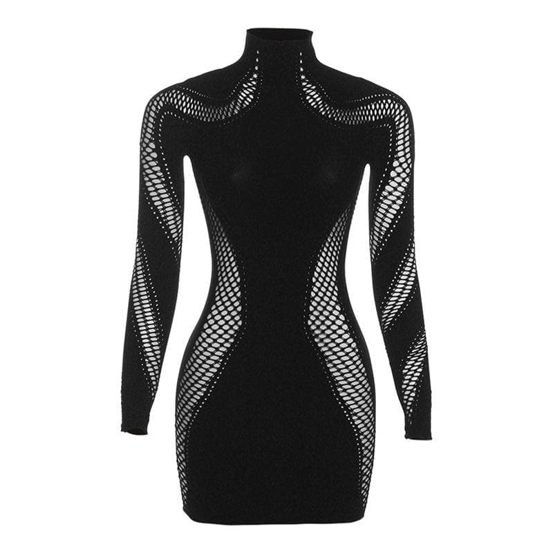 Mock Neck Long Sleeve Fishnet Mesh Panel Hollow Out Bodycon Mini Dress