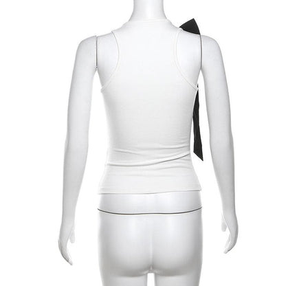 Bowknot crewneck ribbon contrast tank top