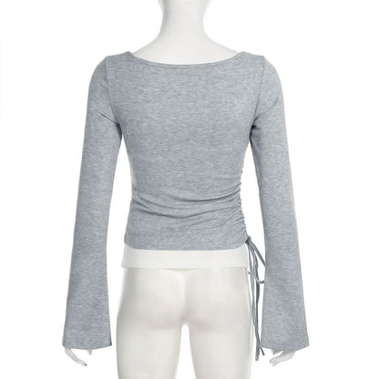 U neck long sleeve lace hem drawstring 2 piece top