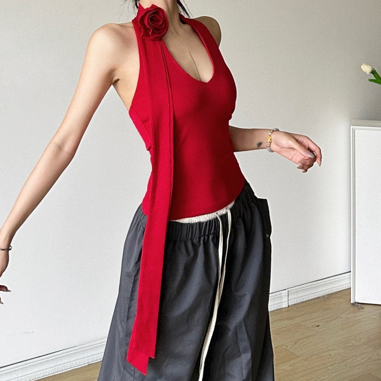 Halter backless flower applique solid top