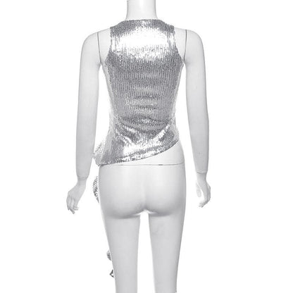 Crewneck glitter hollow out ruffle irregular crop cut out top