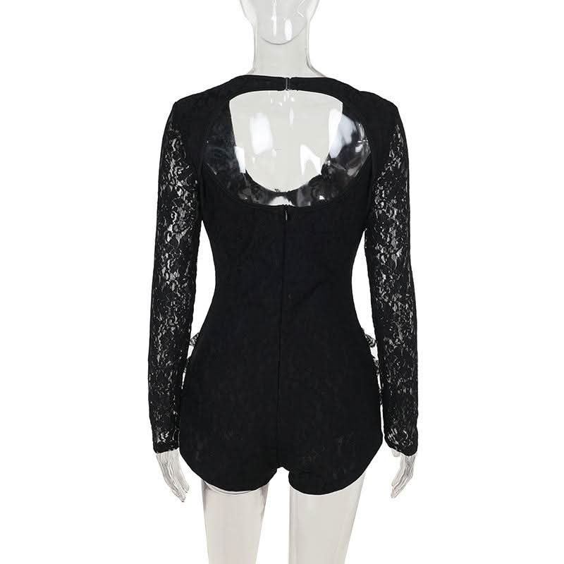 Hollow out zip-up bowknot lace hem long sleeve romper