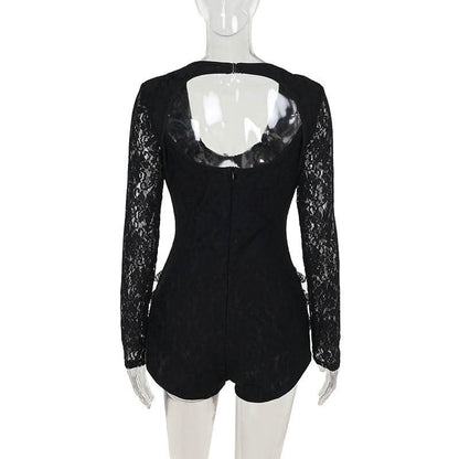 Hollow out zip-up bowknot lace hem long sleeve romper