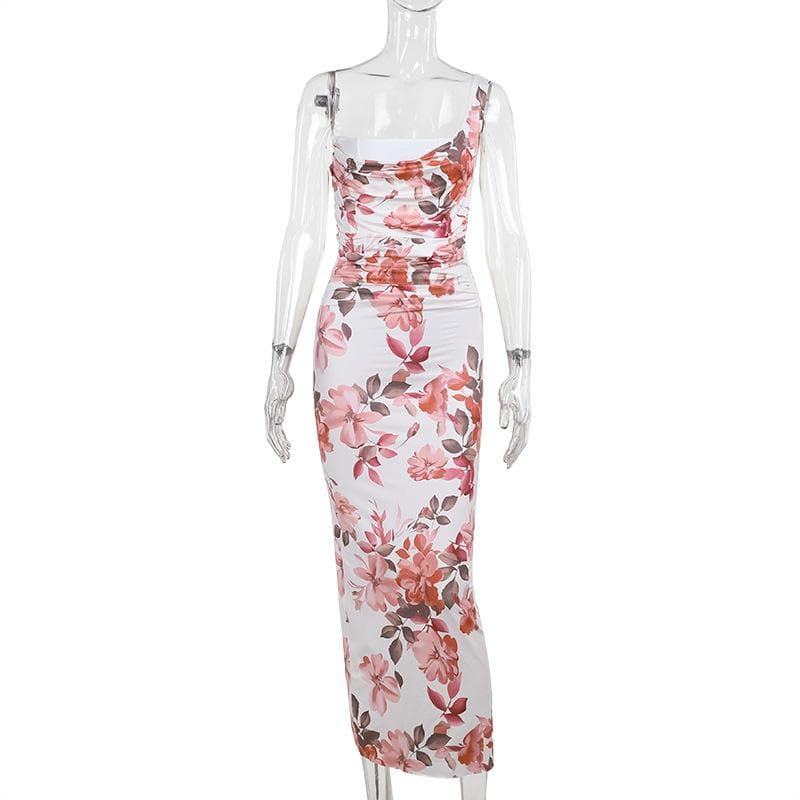 One shoulder ruched flower print maxi dress