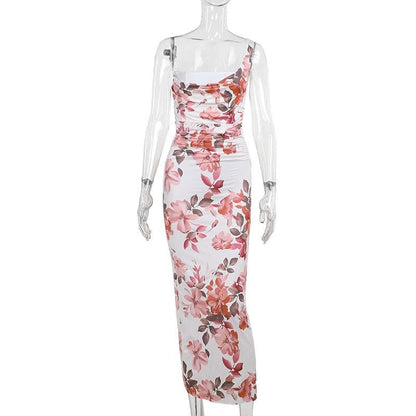 One shoulder ruched flower print maxi dress