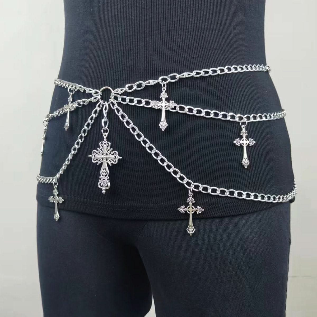Metal chain cross decor o ring waist chain