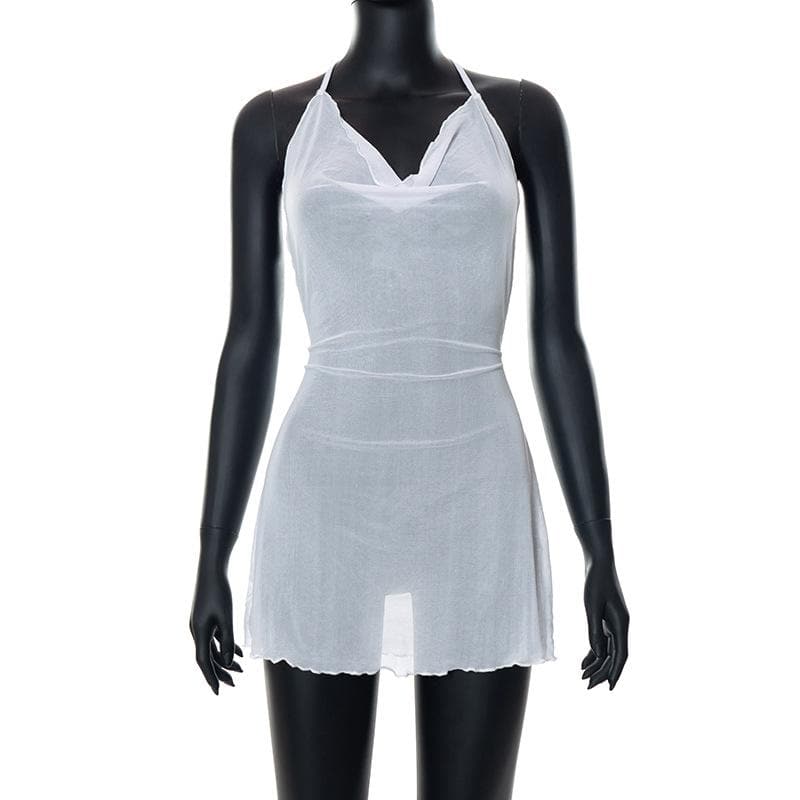 Halter cowl neck sheer mesh ruffle mini dress