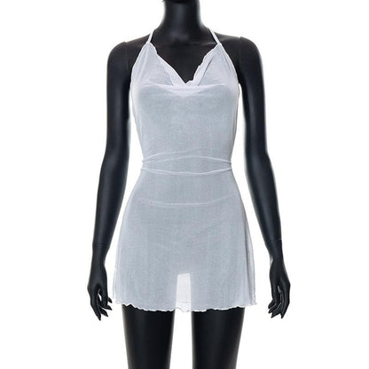 Halter cowl neck sheer mesh ruffle mini dress