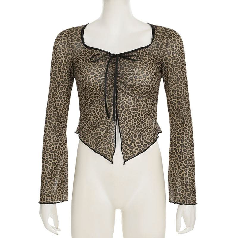 Leopard print long sleeve mesh crop top