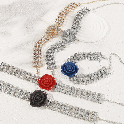 Rhinestone rose decor layered choker necklace