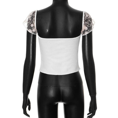Cap sleeve lace flower embroidery ribbed top