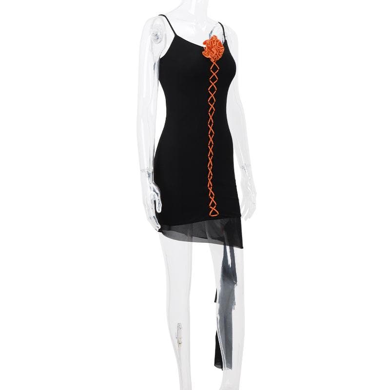 U neck flower applique lace up ruffle cami mini dress