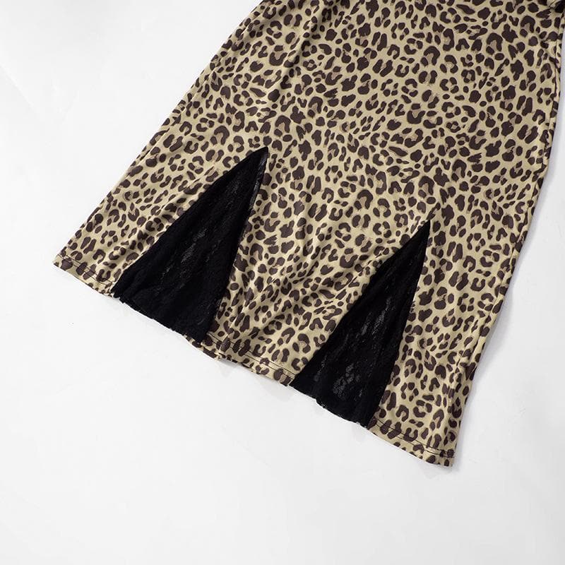 Lace hem patchwork leopard print cami mini dress