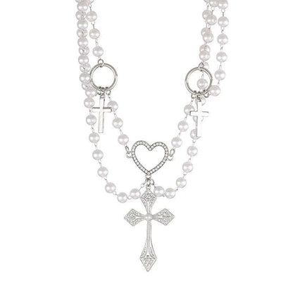 O ring faux pearl layered cross pendant choker necklace