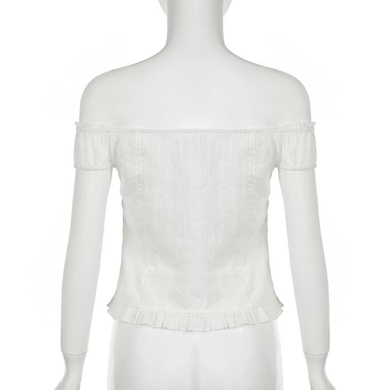 Off shoulder ruched button ruffle top
