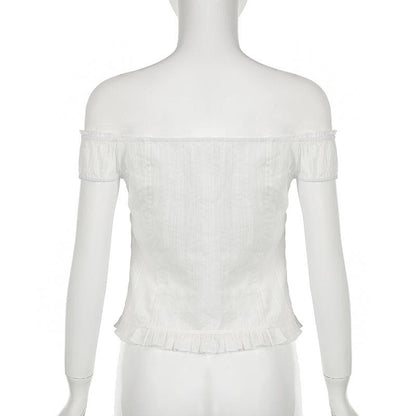 Off shoulder ruched button ruffle top