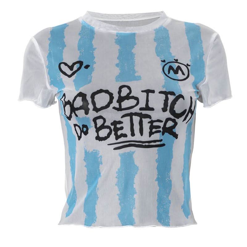 Short sleeve crewneck sheer mesh letter print crop top