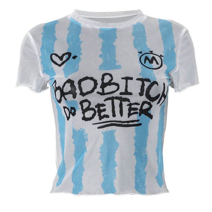 Short sleeve crewneck sheer mesh letter print crop top