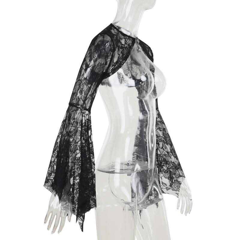 Long flared sleeve lace rhinestone applique shrug