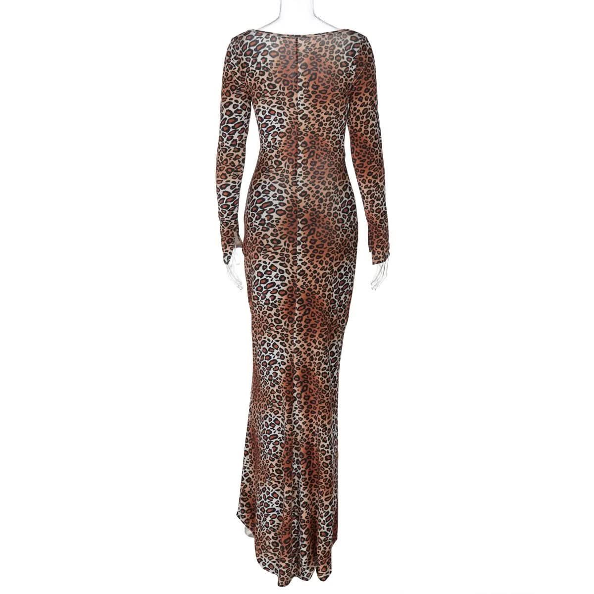 Long sleeve leopard print hollow out u neck cut out maxi dress
