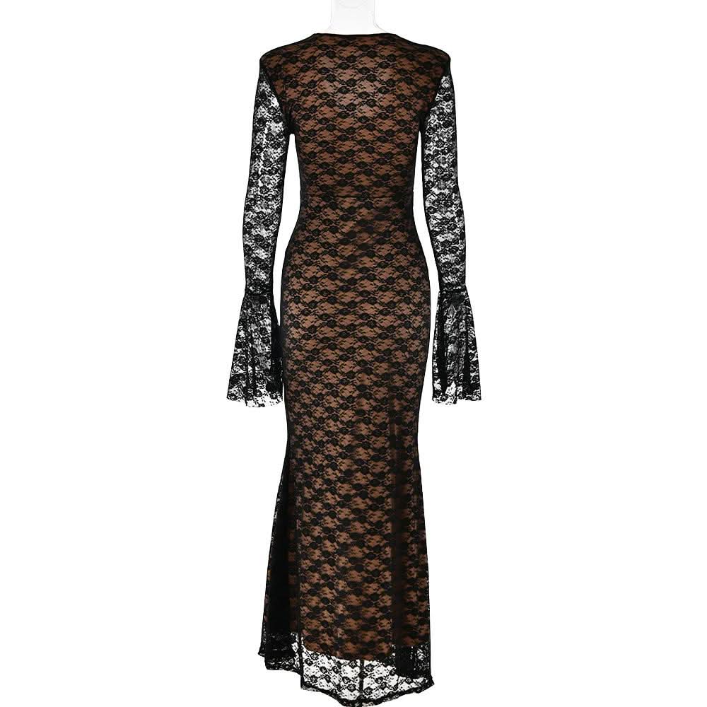 Long flared sleeve lace v neck patchwork maxi dress