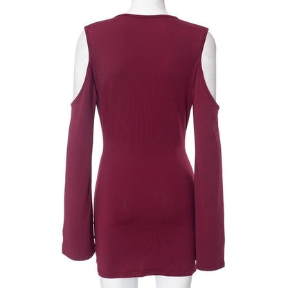 Long flared sleeve off shoulder cowl neck ruched solid mini dress
