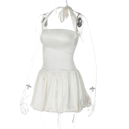 Halter ruched knotted solid mini dress