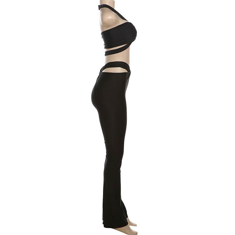 Halter hollow out ruched low rise crop pant set