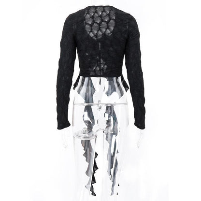 Textured long sleeve ruffle self tie solid crop top