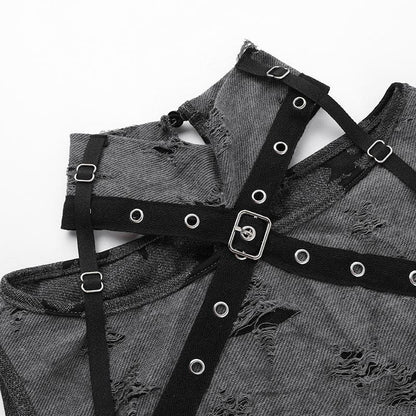 Sleeveless high neck buckle patchwork top