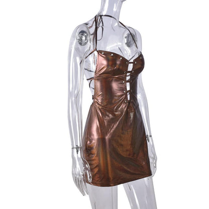 Halter lace up metallic v neck cami mini dress