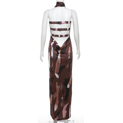 Print ruched backless hollow out tube cut out maxi dress