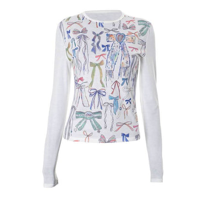 Crewneck long sleeve bowknot print contrast top