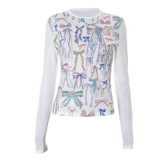 Crewneck long sleeve bowknot print contrast top