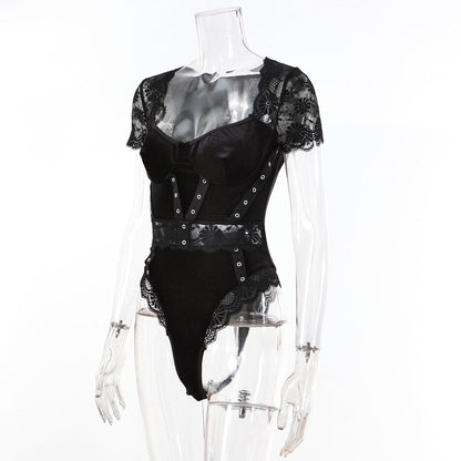 Short sleeve lace velvet patchwork bodysuit