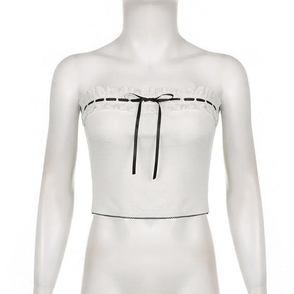 Contrast stitch lace hem self tie backless tube crop top