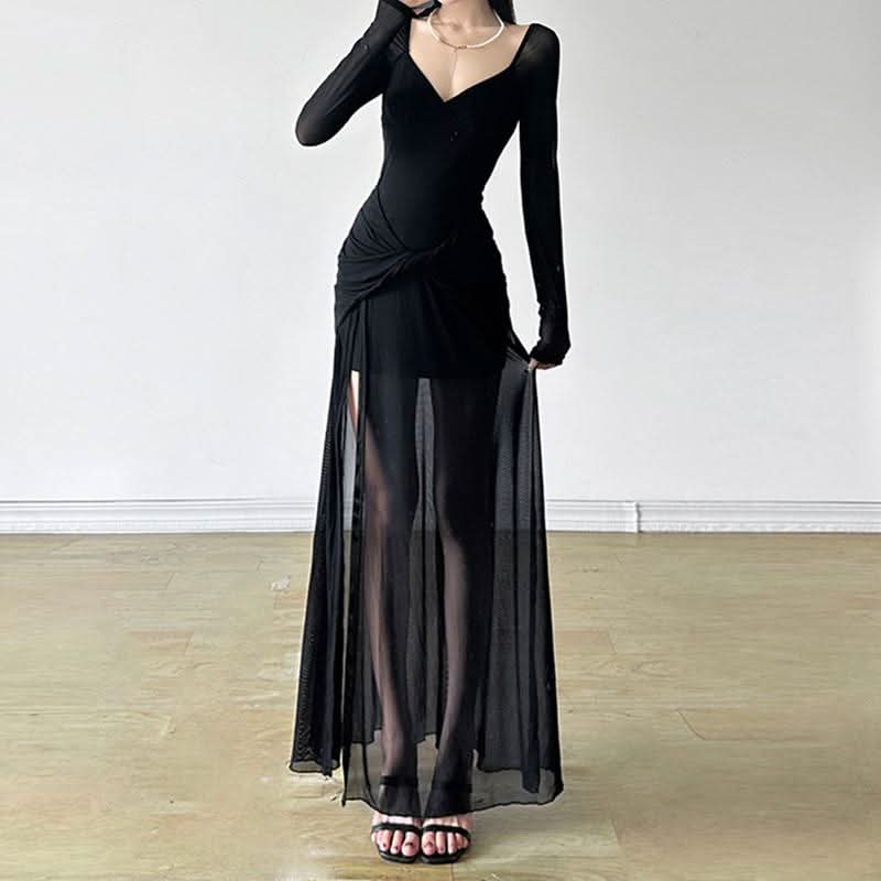 V neck long sleeve slit mesh maxi dress