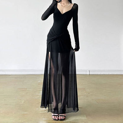 V neck long sleeve slit mesh maxi dress