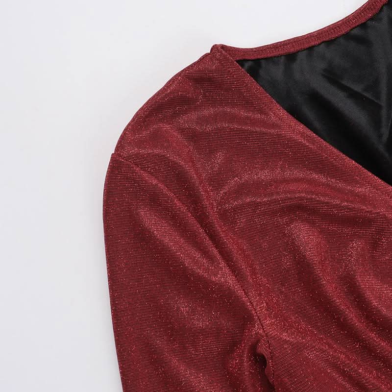 V neck long sleeve ruched slit glitter mini dress