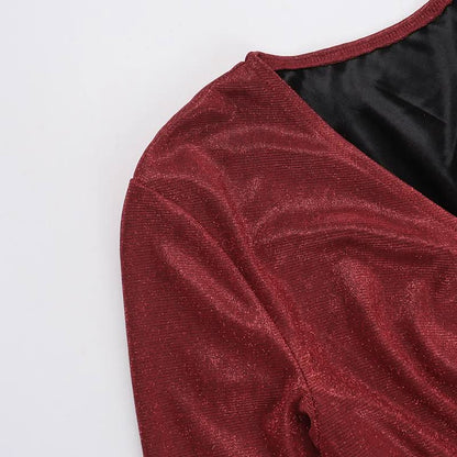 V neck long sleeve ruched slit glitter mini dress