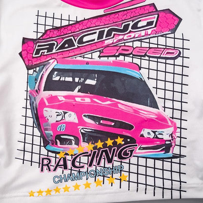 Short sleeve car pattern contrast patchwork crop top