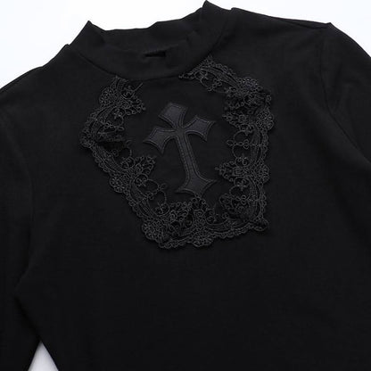 High neck long sleeve cross pattern mini dress