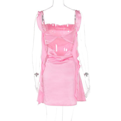 Cowl neck ruffle satin ruched cami mini dress