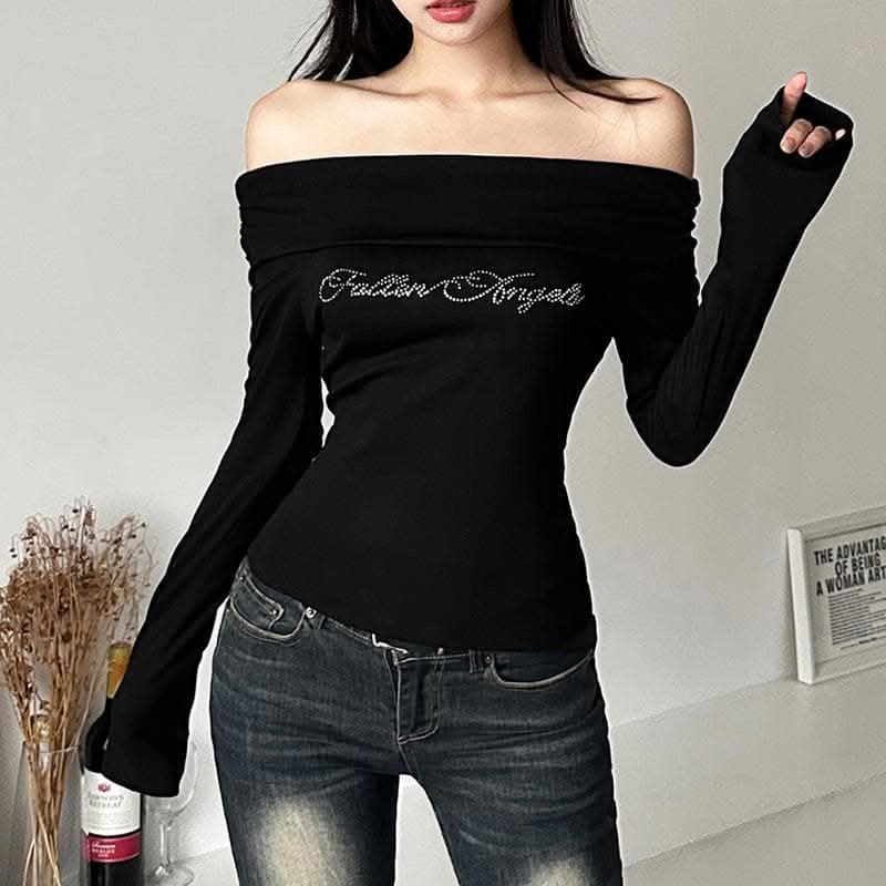 Beaded off shoulder long sleeve ruched solid top-final-sale