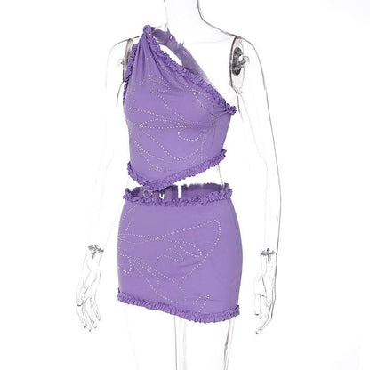 Sleeveless one shoulder ruffle beaded mini skirt set
