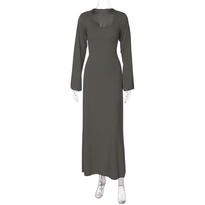 Long sleeve u neck ribbed solid maxi dress