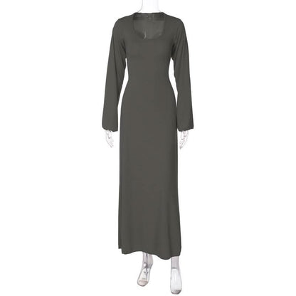 Long sleeve u neck ribbed solid maxi dress